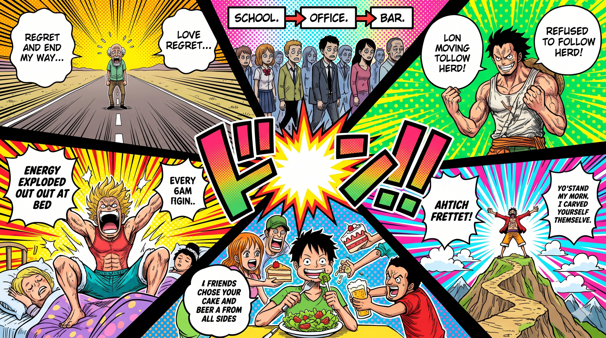 One Piece manga comic strip illustrating one life but never feeling alive: regret, living on autopilot, choosing fitness and carving your own path